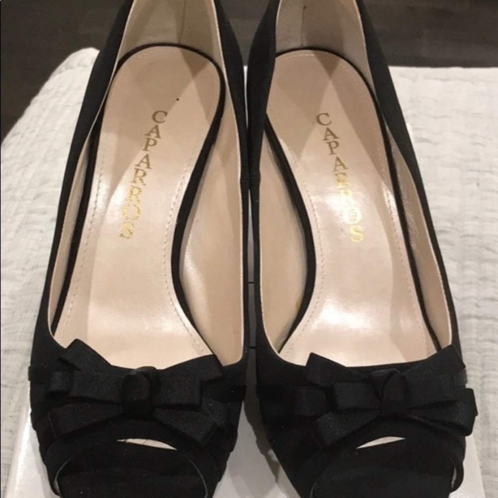 Caparros black peek toe  Grosgrain dress sandal. Very chic and super comfortable